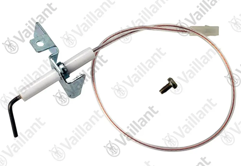 Vaillant Elektrode mit Halterung, Draht und Schraube, zur Überwachung von Heizsystemen, mit metallischen und isolierenden Komponenten.